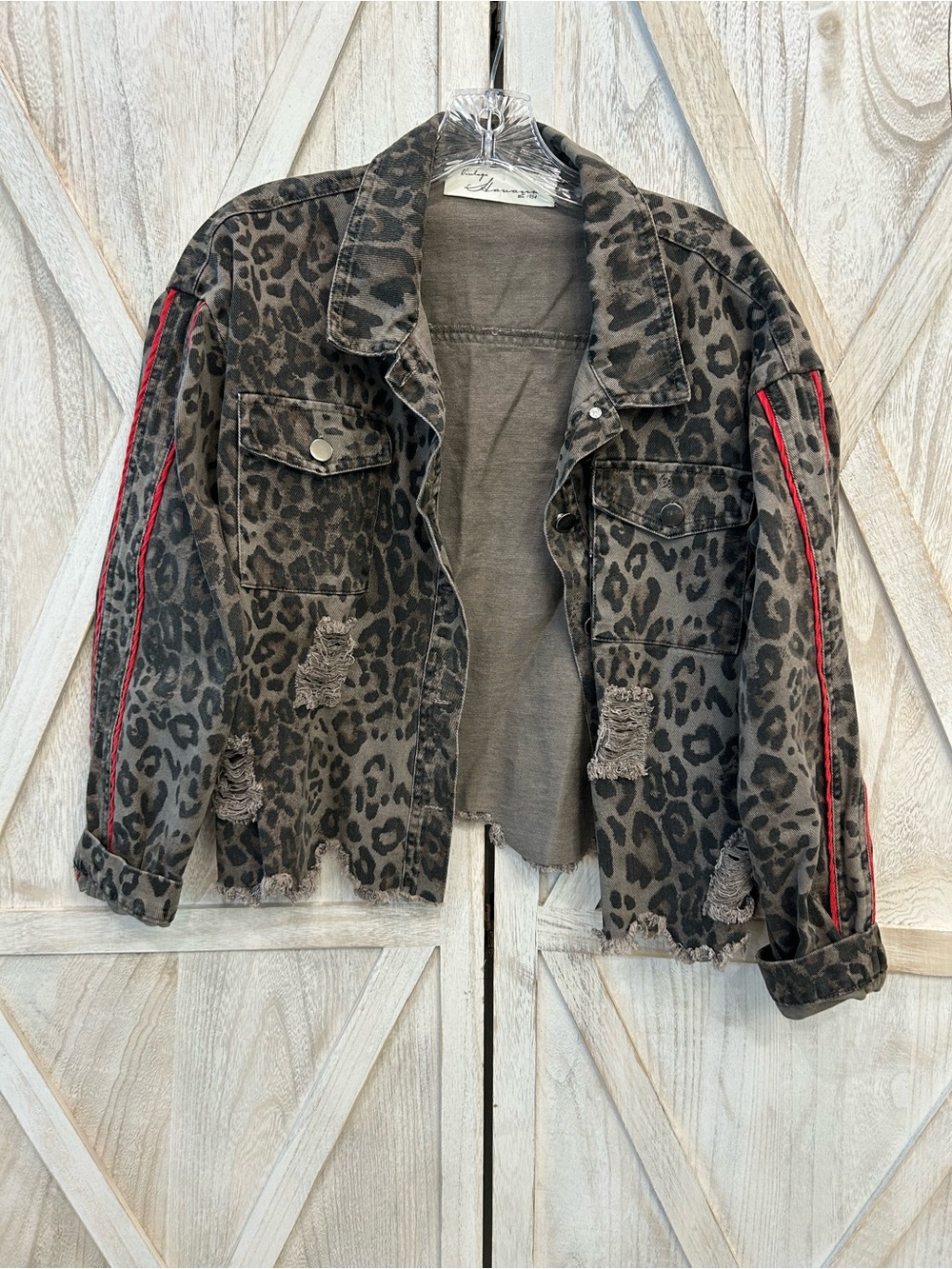 Vintage Havana Black & Gray Leopard Jean Jacket with Red Stripe